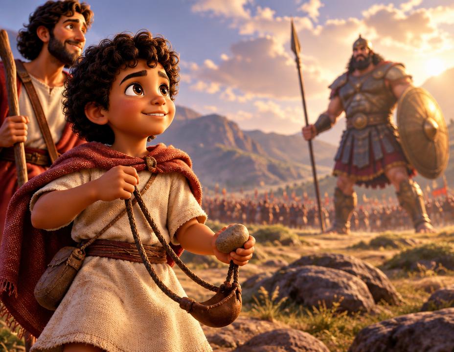 Exemplo em 3D de uma criança participando da história de Davi e Golias