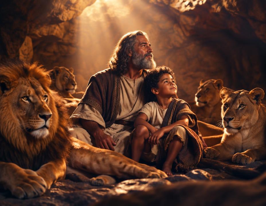 Exemplo cinematográfico de uma criança ao lado de Daniel na cova dos leões